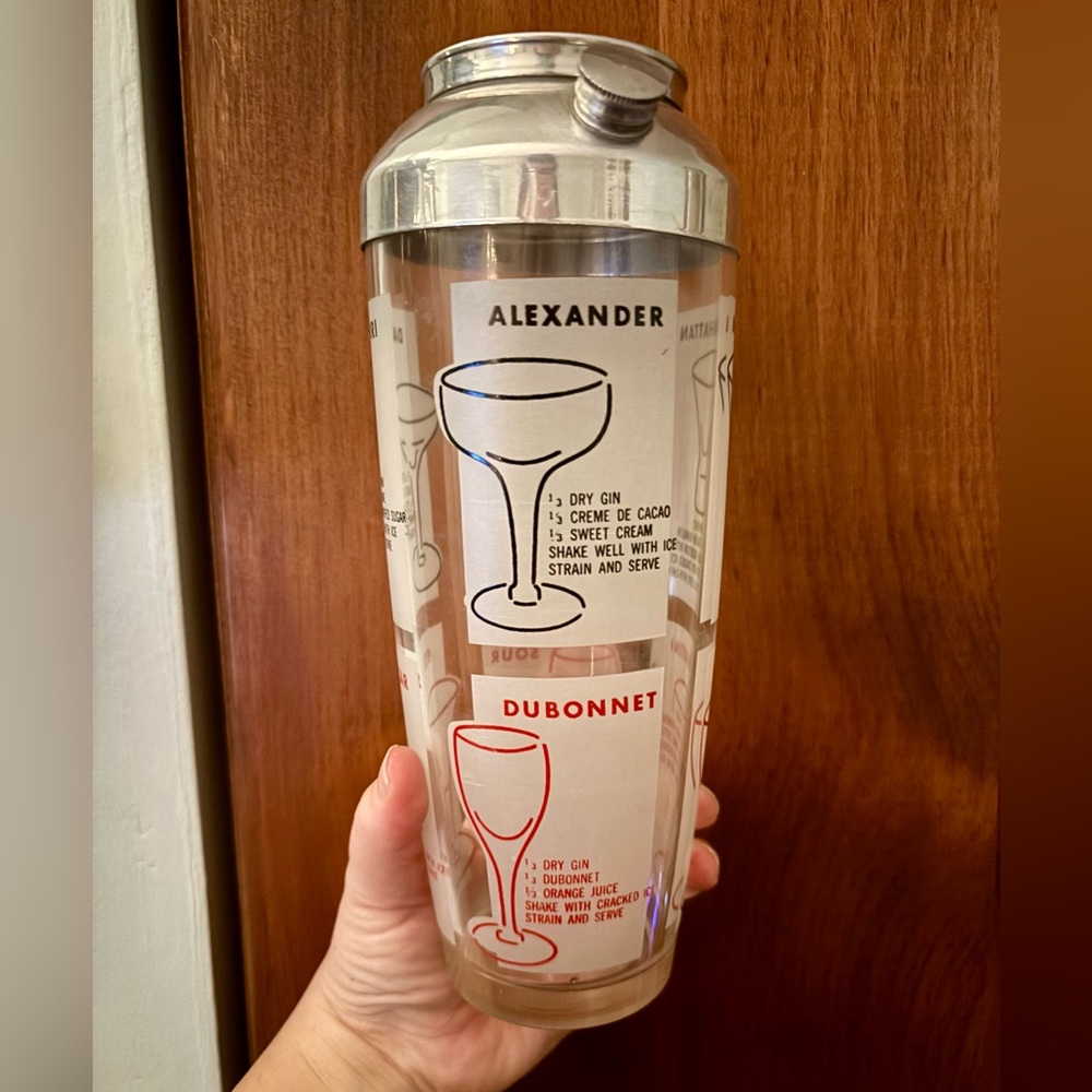 Vintage MCM Glass Cocktail Shaker w/ drink recipes